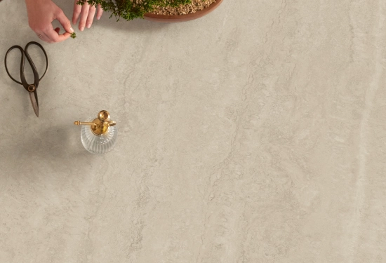 מבטח מעל משטח פורצלן דגם 550 אבן קיסר בתמנוה רואים אישה עם עץ בונסאיי